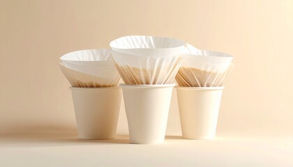 Paper Coffee Filters and Cups Arranged on a Neutral Background.