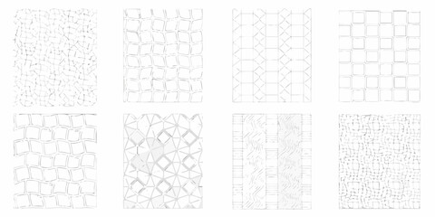 Collection of abstract geometric patterns and textures in white and gray tones
