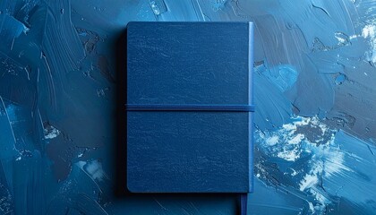 Closed blue notebook on a textured abstract background.