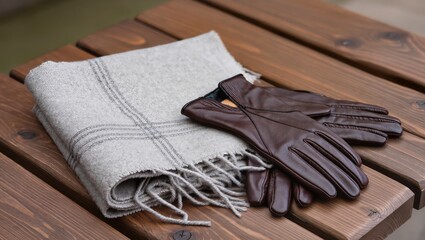 An elegant composition showcases a pair of luxurious leather gloves alongside a fringed scarf, resting on a rustic wooden table, perfect for winter fashion.