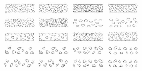 Collection of hand drawn sketch textures of various pebbles stones and gravel surfaces
