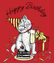 Vector template for happy birthday card. Cat in a festive cap with champagne, gift and a piece of cake in engraving style