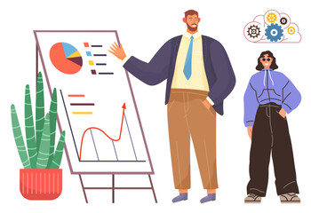 Man presenting colorful data charts on a flipboard, woman brainstorming with thought bubble over her, plant on side. Ideal for teamwork, planning, analytics, growth, creativity, business strategy