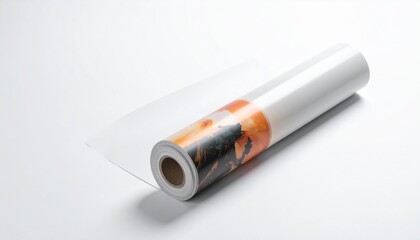 A colorful printed poster rolled up on a clean white studio background.