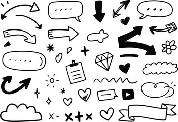 Doodle icons arrows hearts clouds diamond flower vector