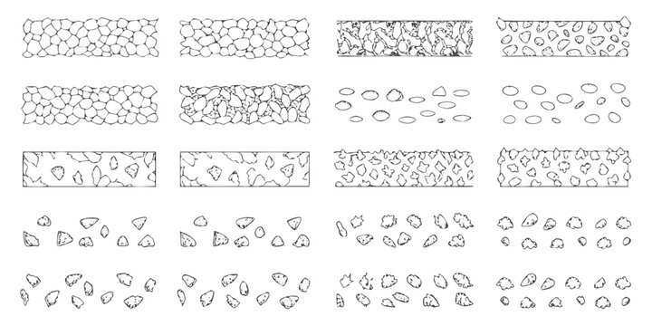 Collection of hand drawn sketch textures of various pebbles stones and gravel surfaces
