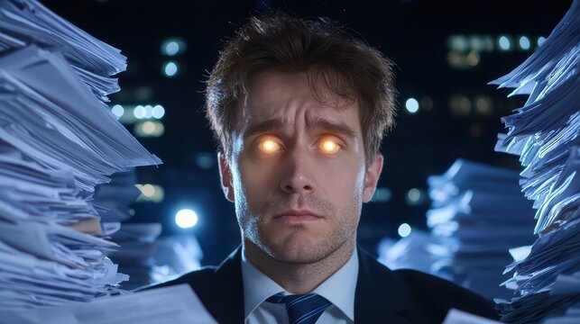 Exhausted businessman surrounded by paperwork at night with glowing eyes capturing the stress of overwhelming workload