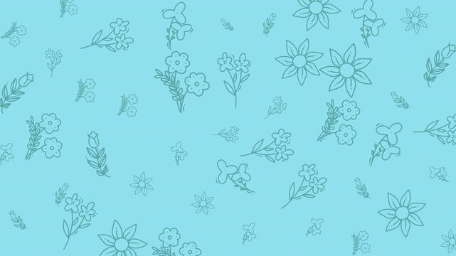 Floral doodle light blue background with whimsical handdrawn outline flowers. Suitable for greeting cards, stationery, invitations, and spring designs.