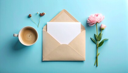Morning Coffee with a Blank Greeting Card and Pink Flower.