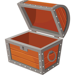 An Open Wooden Treasure Chest with Metal Trim and Ring Handle Awaiting Contents Against a Transparent Background