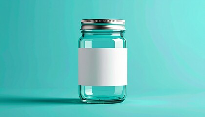 Empty glass jar with a blank white label for mockup on a teal background.