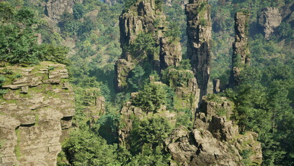 Fototapeta premium Towering rock formations stand impressively amid vibrant greenery, casting shadows in the early morning light. The atmosphere is calm and filled with natural beauty, inviting exploration.