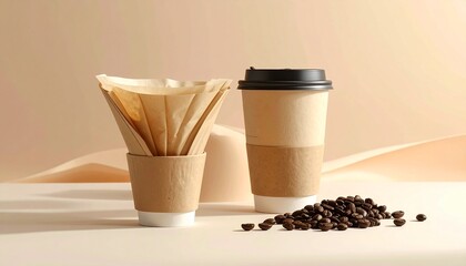 Takeaway Coffee Cup with Filters and Roasted Beans.