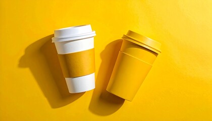 Two Takeaway Coffee Cups on a Bright Yellow Background.