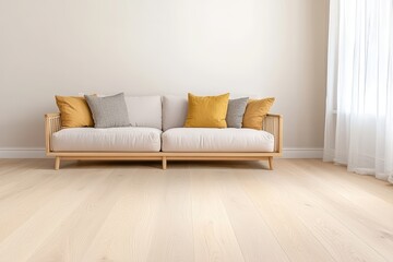 Modern Scandinavian Living Room with Cozy Sofa and Soft Throw Pillows on Light Wood Flooring Against a Neutral Wall
