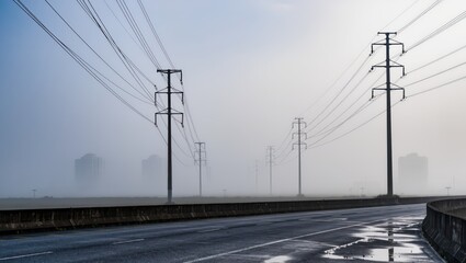 Power Lines disappearing into the misty horizon, set against a backdrop of a road in a foggy scene.