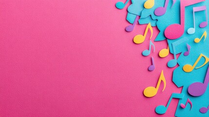 Colorful paper music notes arranged on a pink background