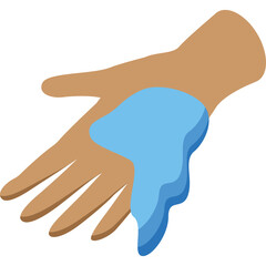 An open brown hand with blue liquid dripping onto its palm and fingers against a transparent background illustrating concepts of flow or cleansing