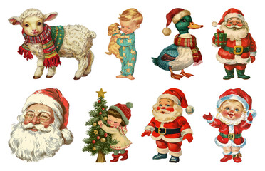 PNG Vintage Christmas holiday illustrations, element set on transparent background
