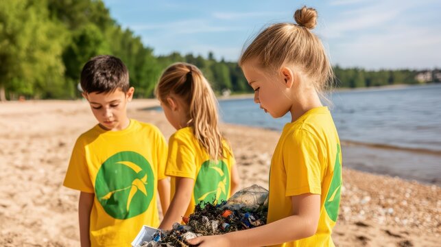 Children Participating in Beach Cleanup Effort with Waste Collection on a Sunny Day Near Calm Water and Green Forests
