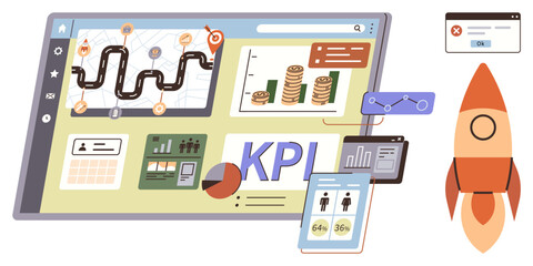 Dynamic KPI dashboard featuring charts, growth metrics, success roadmap, mobile integration, and rocket launch visualization. Ideal for business strategies, analytics, goals, growth planning