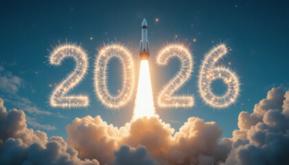 Rocket launching into the sky with bright trails forming the number ‘2026’, representing ambition, innovation, and a bold new start