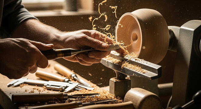 Skilled hands shape wood on a lathe creating shavings in a workshop