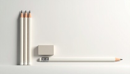 Minimalist White Pencils Eraser and Sharpener on a Clean Background.