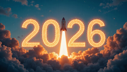 Rocket launching into the sky with bright trails forming the number ‘2026’, representing ambition, innovation, and a bold new start
