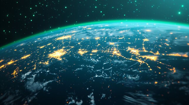 Conceptual futuristic render of Earth’s network of hydrogen and SAF airports orbiting with green light trails.