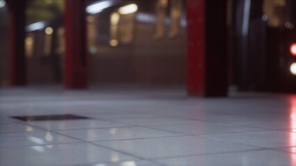 Passengers wait patiently at the subway station, glancing towards the arriving train. The dim lighting casts subtle reflections on the tiled floor, creating a serene atmosphere. © icetray