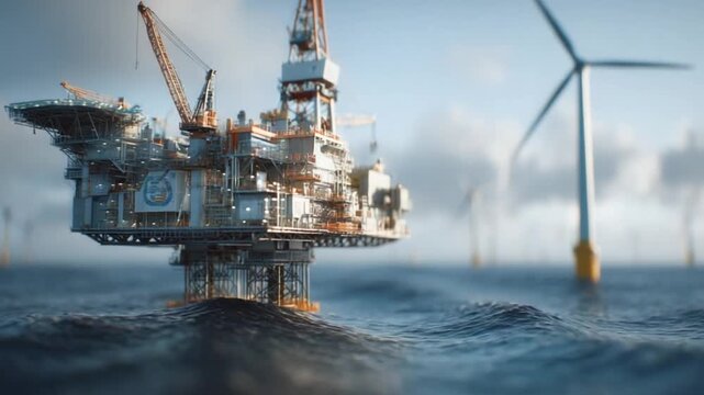 Offshore Drilling Rig Amidst the Sea: The imposing oil rig stands tall amidst the vast ocean, offering a stark contrast of man-made structures against the ceaseless movement of water and the sky.