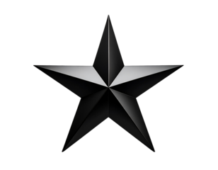 Classic Five-Pointed Black Star Shape, Front View, Isolated on Transparent Background
