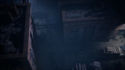 Shadows dance over worn brick buildings in a silent urban alley. This hidden space, filled with crates and neglect, whispers of past lives and untold secrets beneath the night sky.