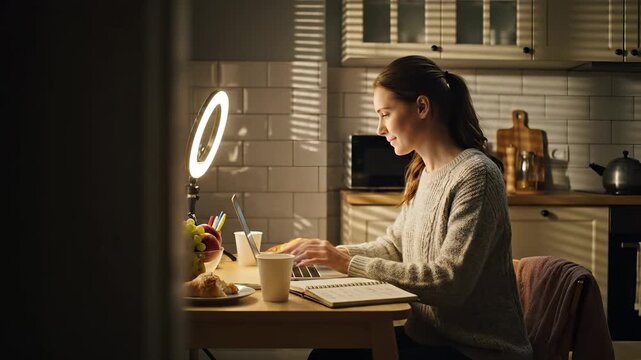 woman at kitchen table types on laptop. ringlight illuminates notebook and pen. coffee mug rests beside laptop. evening light softens workspace. fruit bowl near mug. phone charger on table usb.