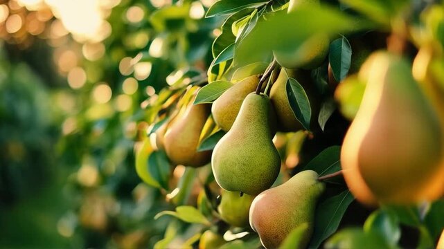Ripe pears on a tree branch in a sunny garden. Used for themes about gardening, organic products, natural beauty, and harvest.
