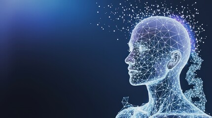 Abstract digital human head composed of glowing particles and data streams