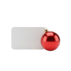 Festive Christmas mockup featuring a blank white card and a shiny red ornament ball