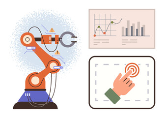 Robotic arm performing tasks, monitored by chart-filled analytics dashboard, touch input system. Ideal for technology, automation, manufacturing, innovation, productivity, engineering control