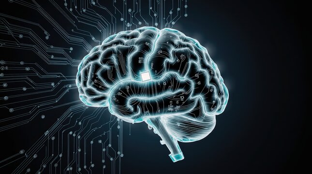 Glowing digital brain with neural network connections and data flow