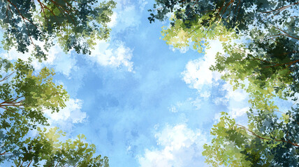 Fototapeta premium Generative AI, Looking Up at Forest Canopy with Blue Sky and Sunlight – Peaceful Nature Background with Green Trees and Clouds