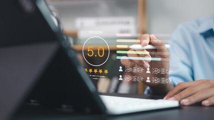 Customer review rating 5 stars, online feedback system and digital user experience concept