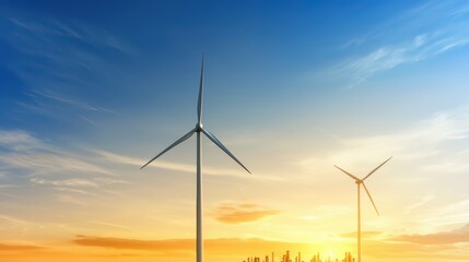 Obraz premium Wind Turbines against a Vibrant Sunset Sky with Silhouetted City Skyline and Clear Blue Background
