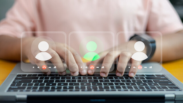 Online video conference communication on laptop, virtual meeting and remote work technology concept