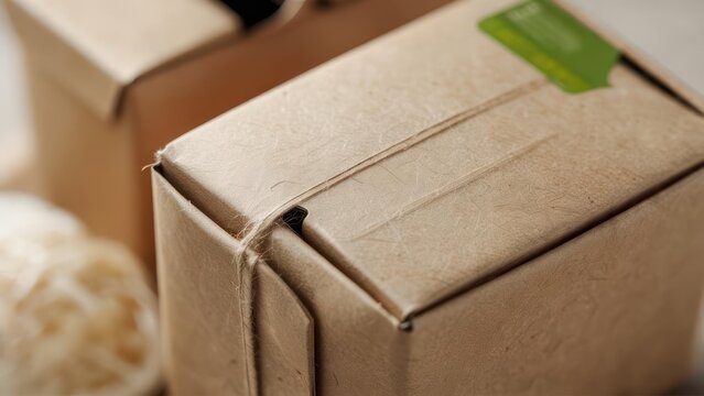 Cardboard boxes with twine and green label