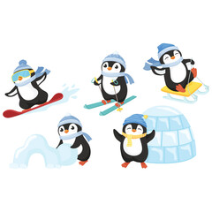 Penguin in winter activities. Little cute cartoon penguins characters play fun, make snowman, skating and skiing vector set. Illustration of winter penguin animal, bird in snow, baby funny
