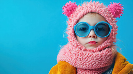 Little girl in pink knit winter hat and scarf with blue sunglasses against a bright blue background