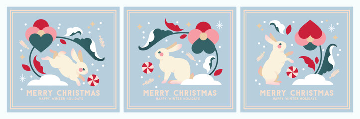 Set of Christmas simple illustrations in flat minimalist Scandinavian style with cute bunnies and flowers. Design for Christmas greeting cards, gift tags or packaging.
