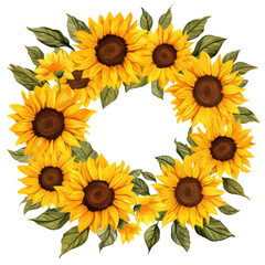 Watercolor sunflower wreath with yellow petals and green leaves isolated transparent background, png