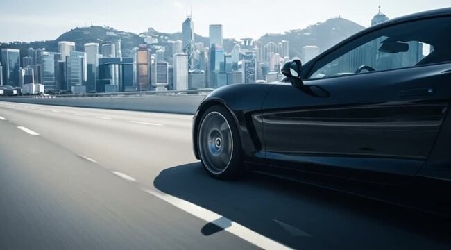 Black sports car speeding through city